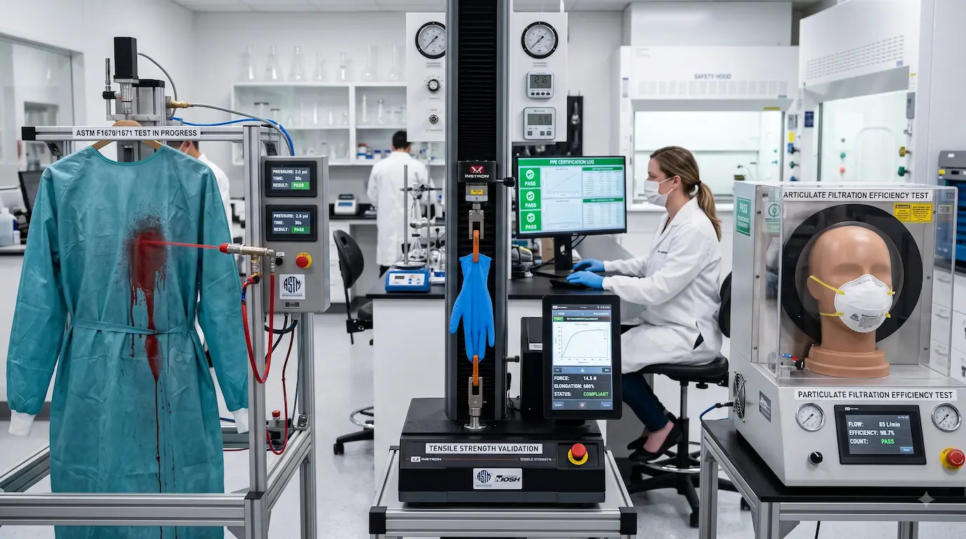 Medical PPE testing and standards lab inspecting protective gowns and gloves for healthcare compliance
