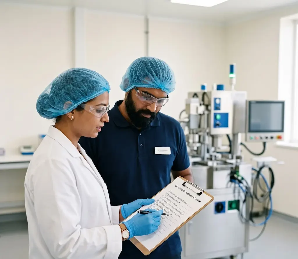 Quality inspector and manufacturing manager reviewing PPE standards and compliance checklist in a medical facility.